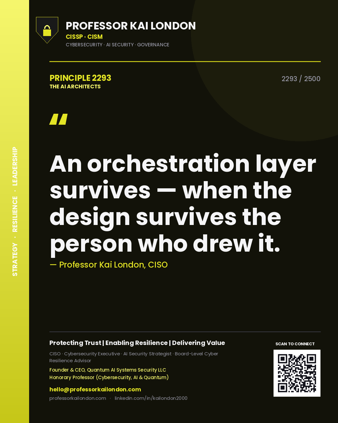 Quote card by Professor Kai London reading 'An orchestration layer survives — when the design survives the person who drew it.'. From the book The AI Architects.