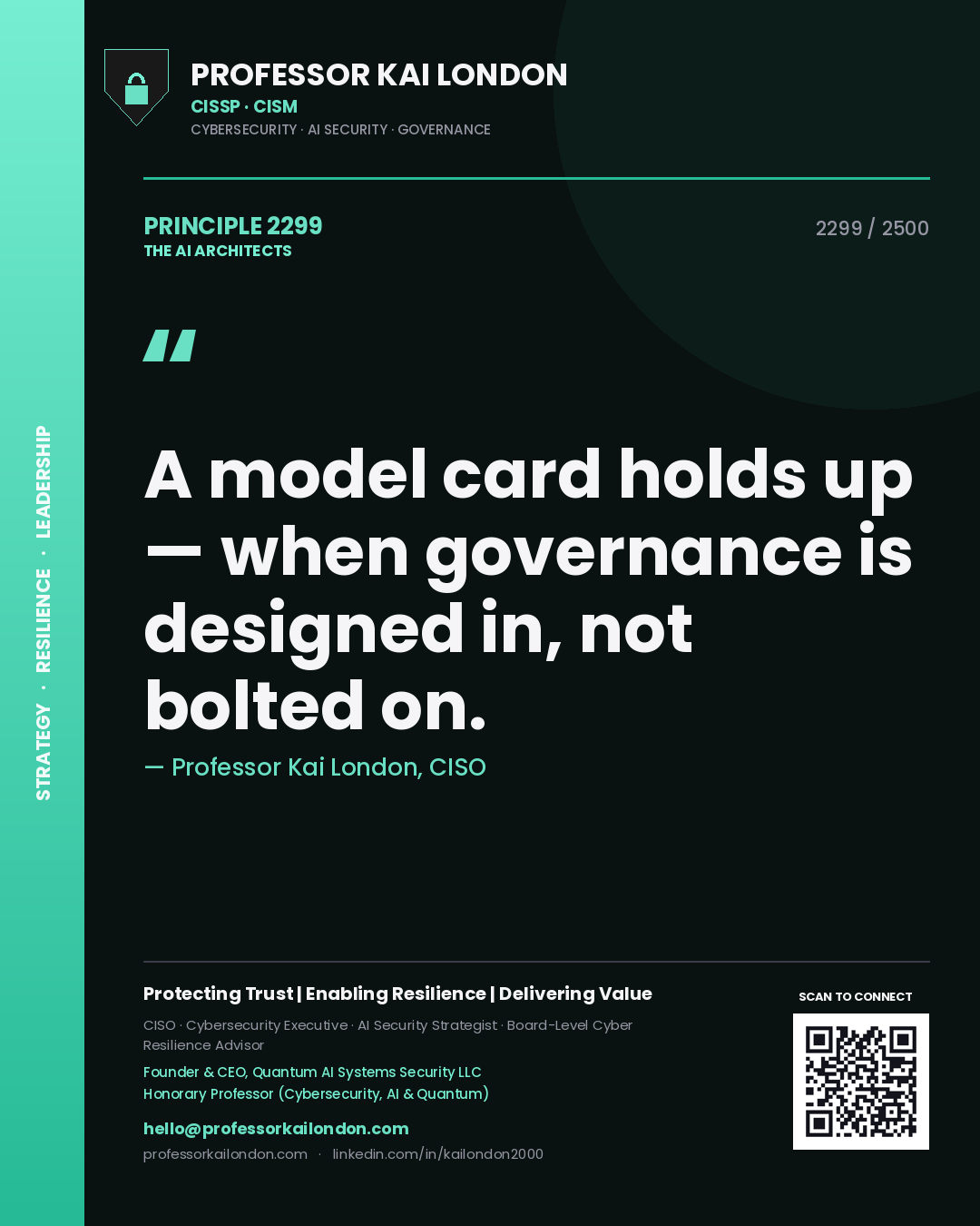 Quote card by Professor Kai London reading 'A model card holds up — when governance is designed in, not bolted on.'. From the book The AI Architects.