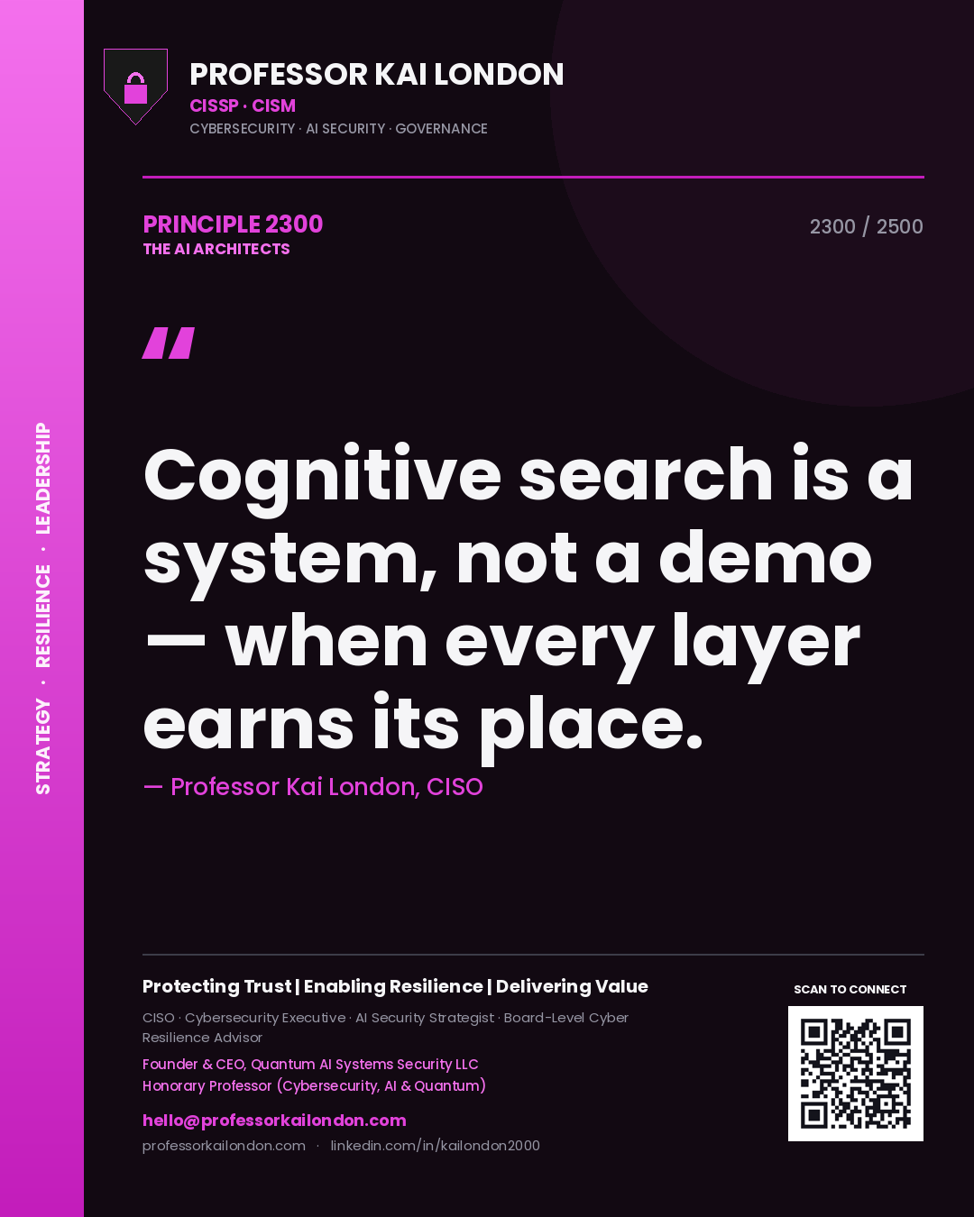 Professor Kai London principle 2300: Cognitive search is a system, not a demo — when every layer earns its place.