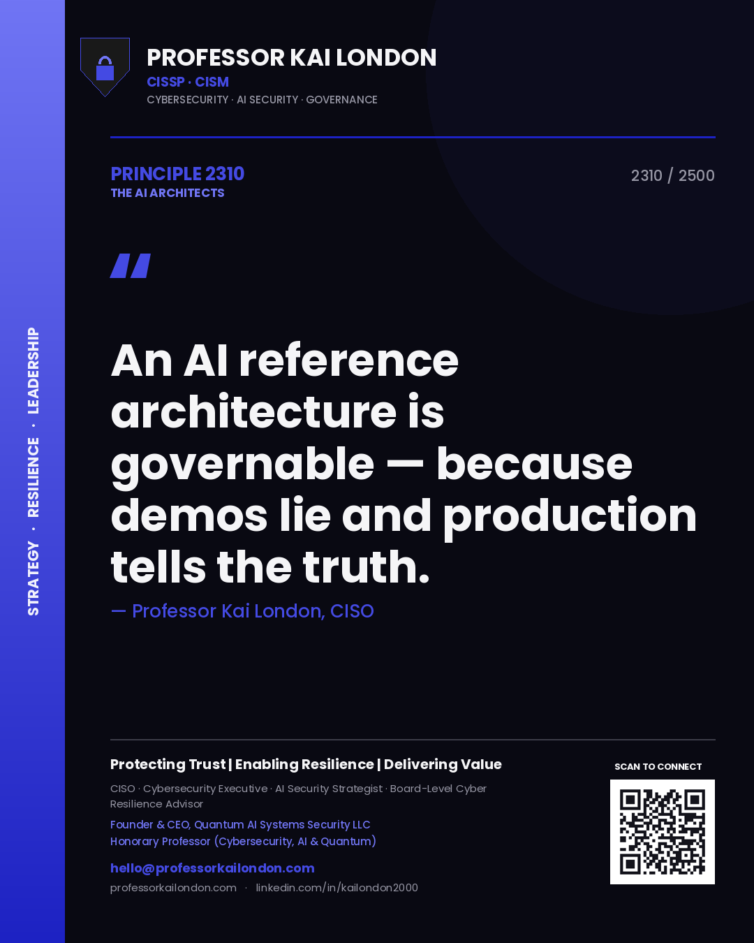 Quote card by Professor Kai London reading 'An AI reference architecture is governable — because demos lie and production tells the truth.'. From the book The AI Architects.