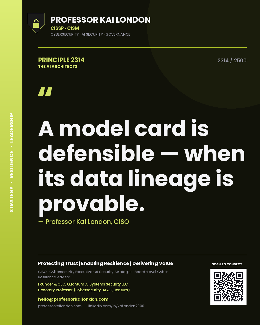 Quote card by Professor Kai London reading 'A model card is defensible — when its data lineage is provable.'. From the book The AI Architects.