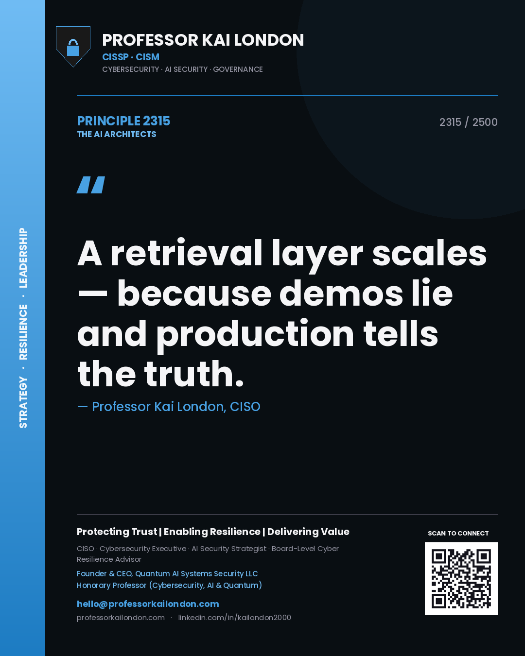 Quote card by Professor Kai London reading 'A retrieval layer scales — because demos lie and production tells the truth.'. From the book The AI Architects.