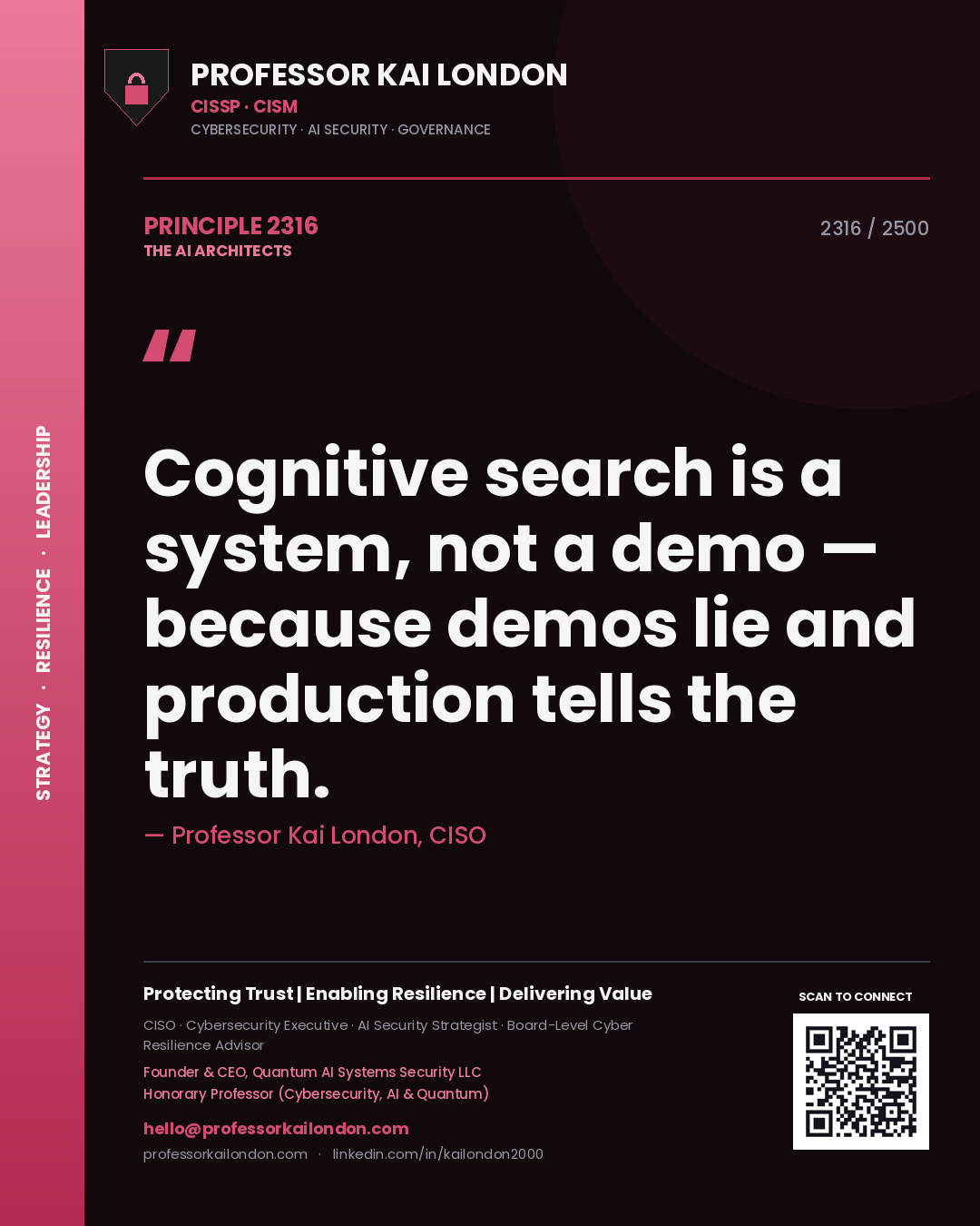 Quote card by Professor Kai London reading 'Cognitive search is a system, not a demo — because demos lie and production tells the truth.'. From the book The AI Architects.