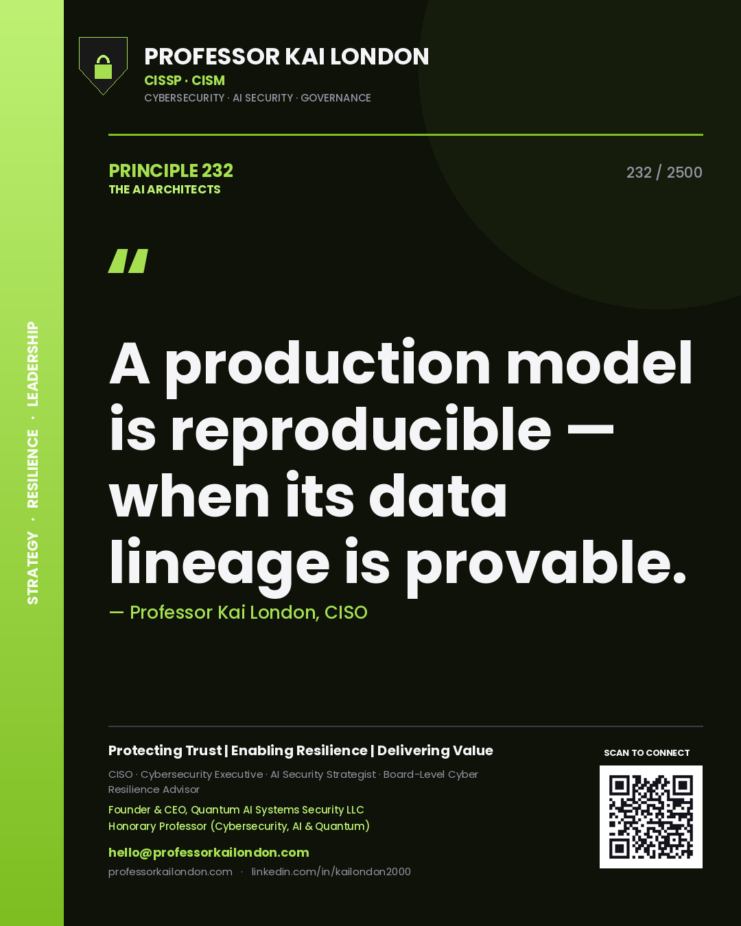 Quote card by Professor Kai London reading 'A production model is reproducible — when its data lineage is provable.'. From the book The AI Architects.