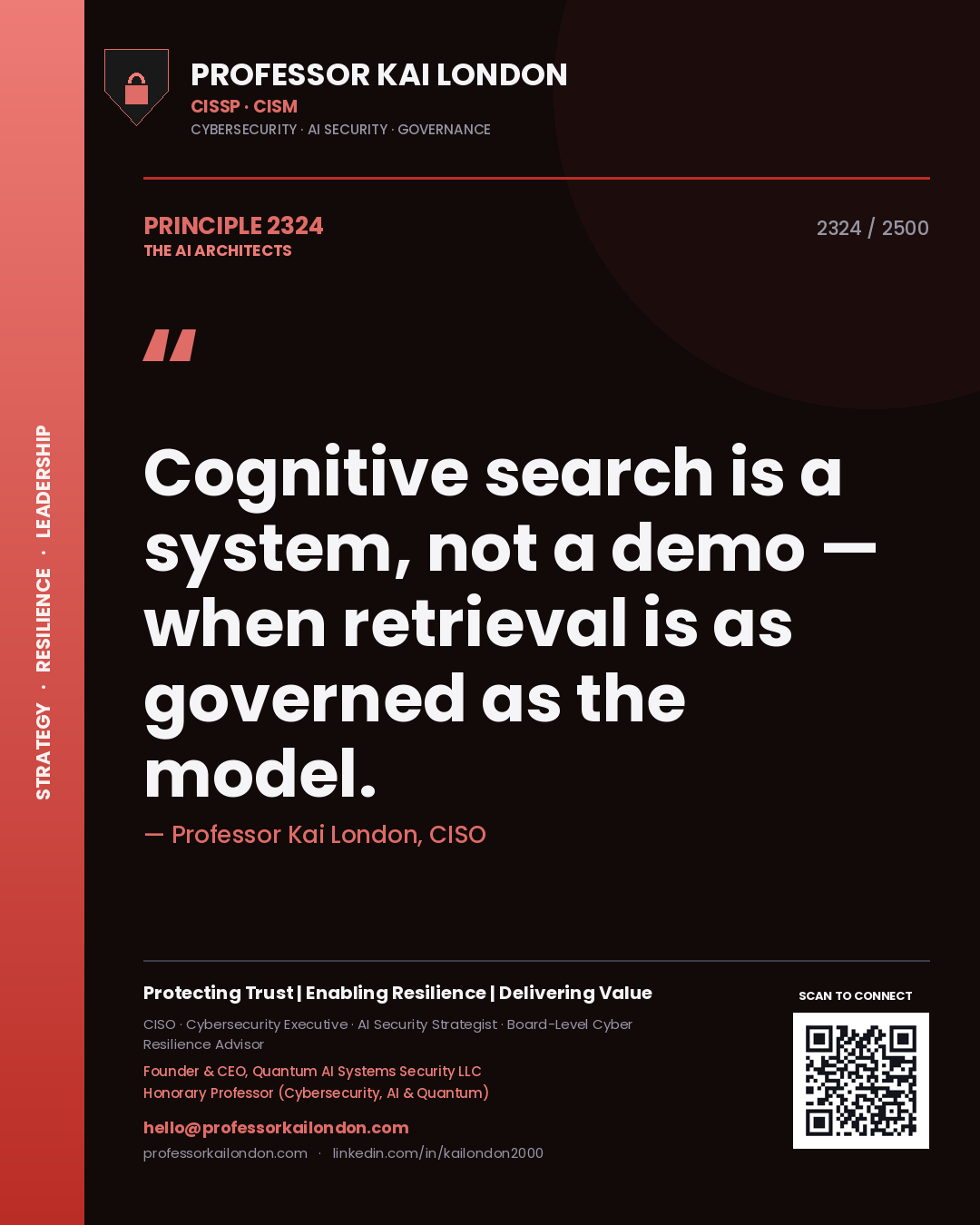 Quote card by Professor Kai London reading 'Cognitive search is a system, not a demo — when retrieval is as governed as the model.'. From the book The AI Architects.