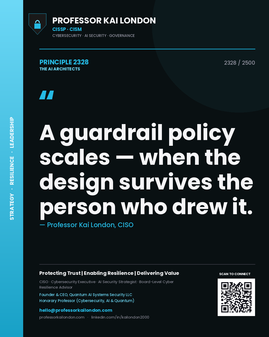 Quote card by Professor Kai London reading 'A guardrail policy scales — when the design survives the person who drew it.'. From the book The AI Architects.