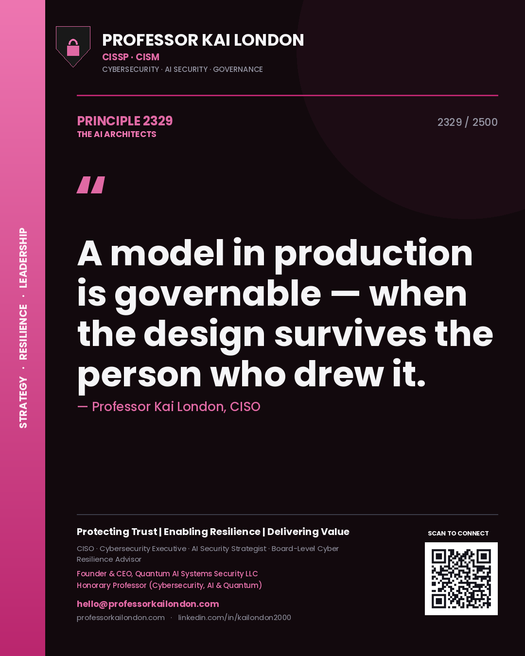 Quote card by Professor Kai London reading 'A model in production is governable — when the design survives the person who drew it.'. From the book The AI Architects.
