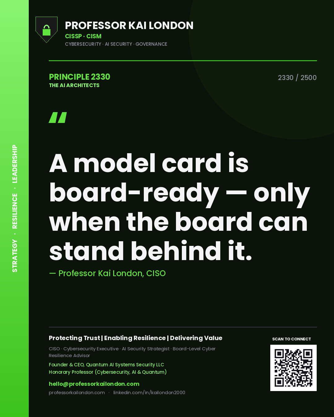 Quote card by Professor Kai London reading 'A model card is board-ready — only when the board can stand behind it.'. From the book The AI Architects.