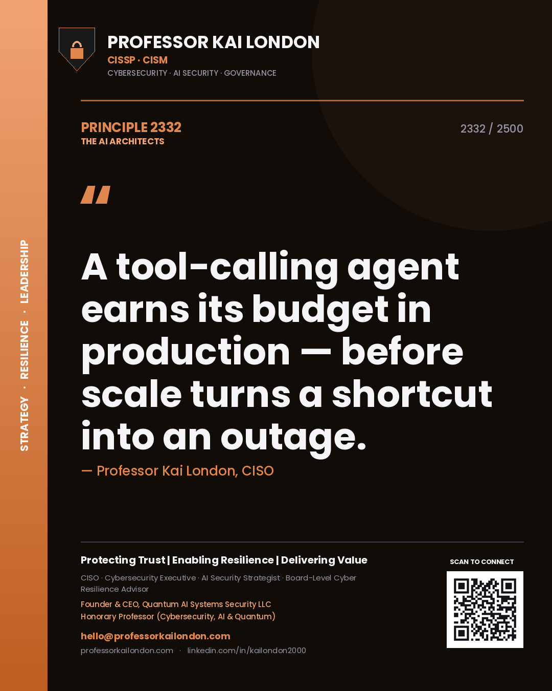 Quote card by Professor Kai London reading 'A tool-calling agent earns its budget in production — before scale turns a shortcut into an outage.'. From the book The AI Architects.