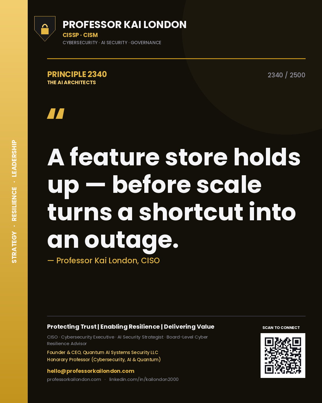 Quote card by Professor Kai London reading 'A feature store holds up — before scale turns a shortcut into an outage.'. From the book The AI Architects.