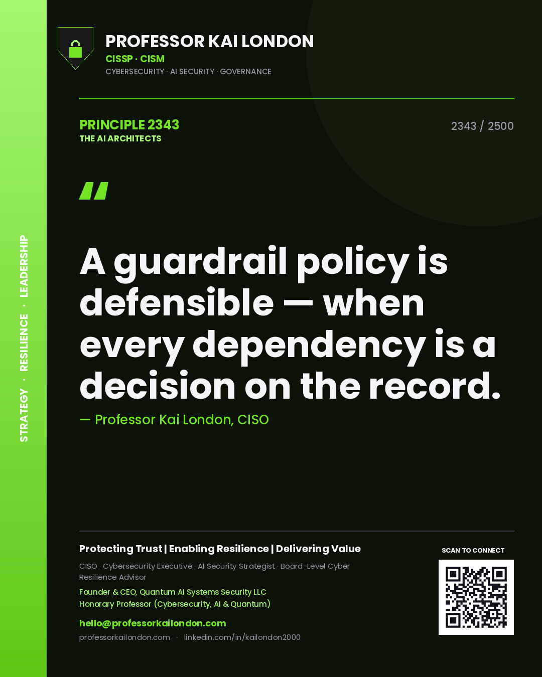 Quote card by Professor Kai London reading 'A guardrail policy is defensible — when every dependency is a decision on the record.'. From the book The AI Architects.