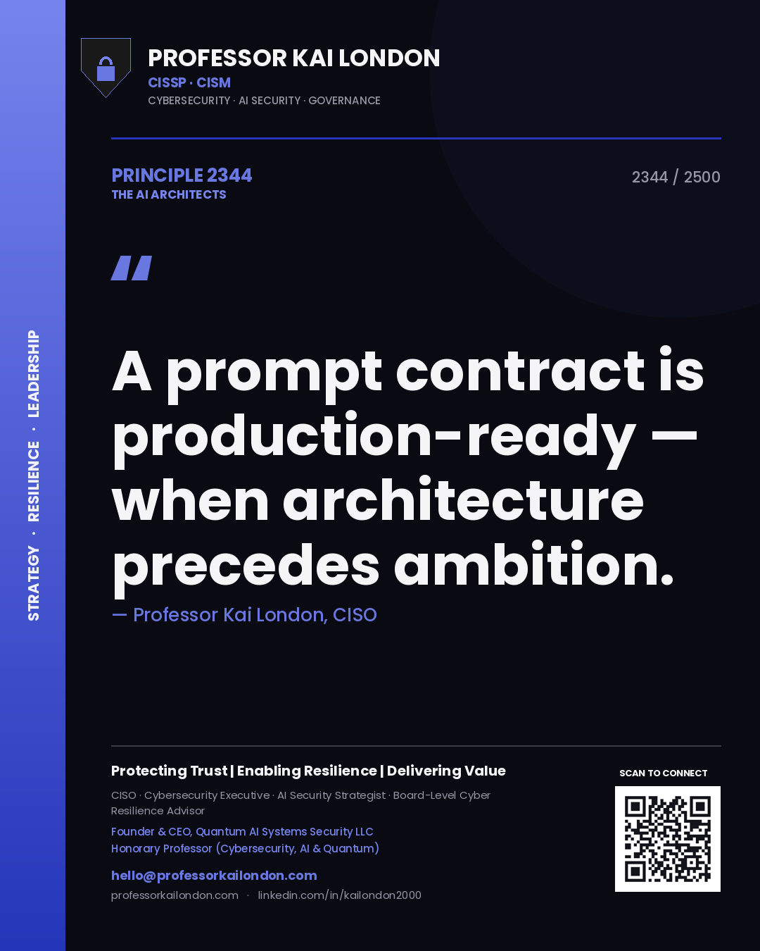 Quote card by Professor Kai London reading 'A prompt contract is production-ready — when architecture precedes ambition.'. From the book The AI Architects.