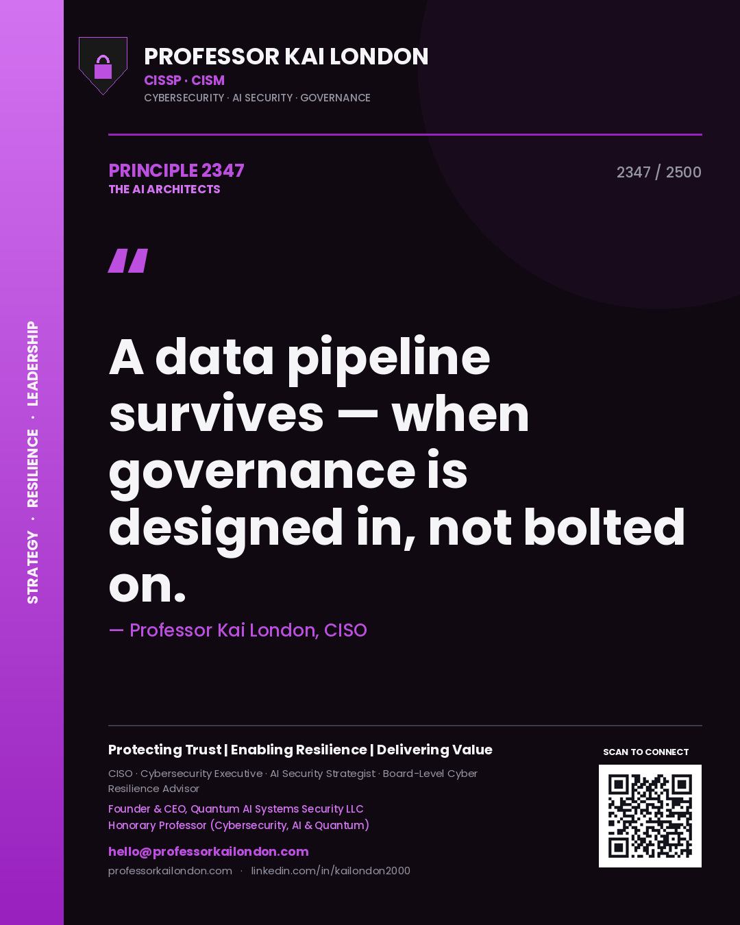 Quote card by Professor Kai London reading 'A data pipeline survives — when governance is designed in, not bolted on.'. From the book The AI Architects.