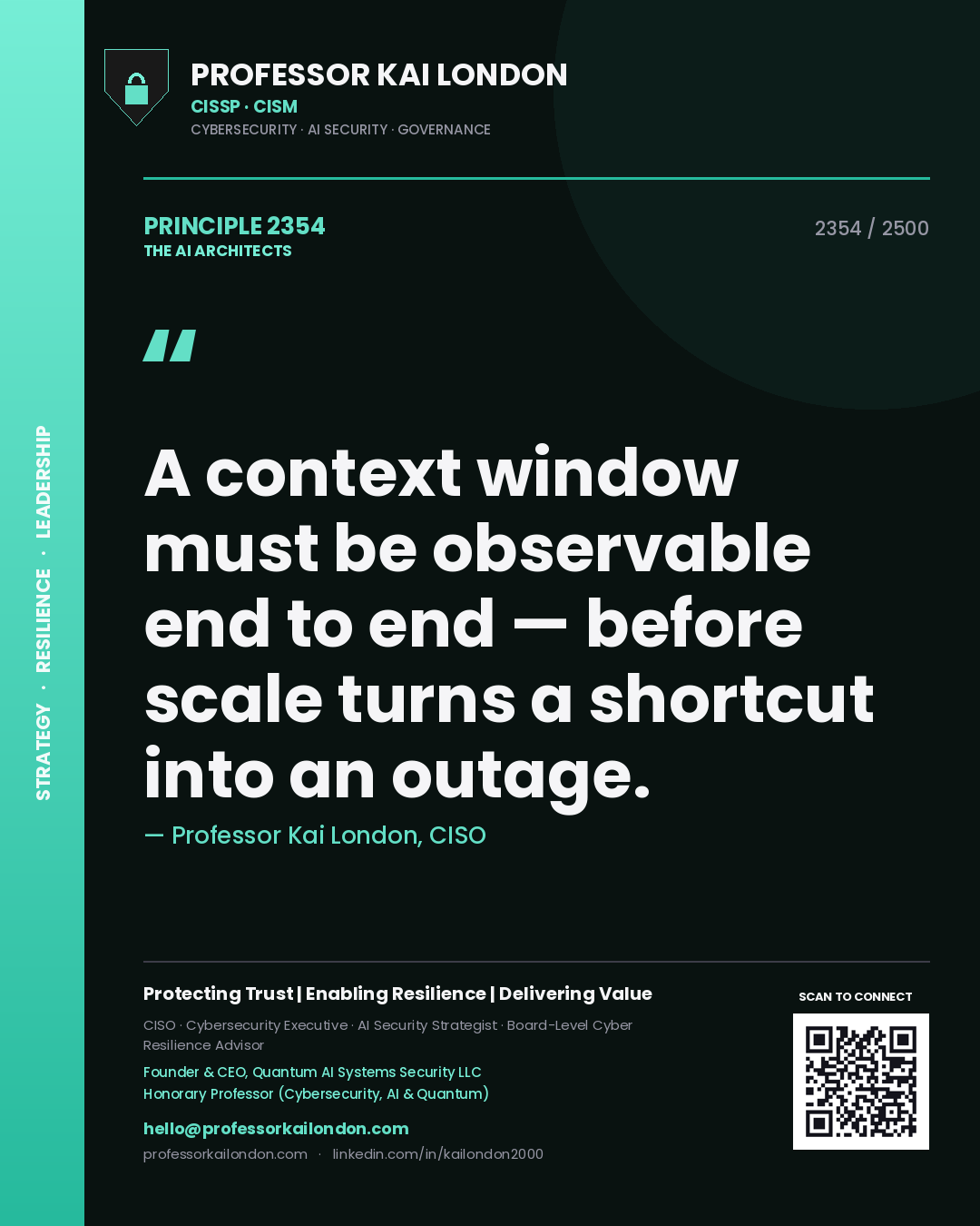 Quote card by Professor Kai London reading 'A context window must be observable end to end — before scale turns a shortcut into an outage.'. From the book The AI Architects.