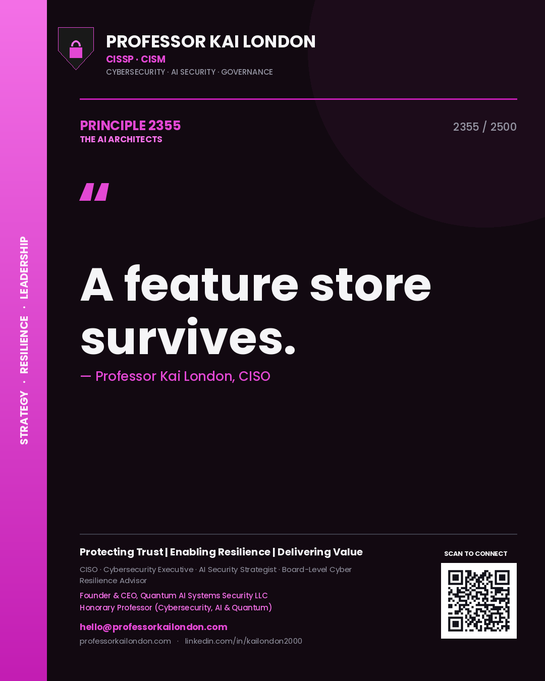 Quote card by Professor Kai London reading 'A feature store survives.'. From the book The AI Architects.