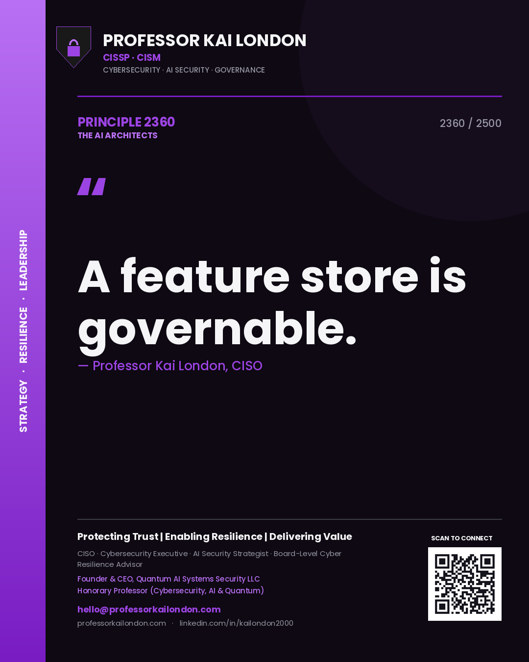 Quote card by Professor Kai London reading 'A feature store is governable.'. From the book The AI Architects.