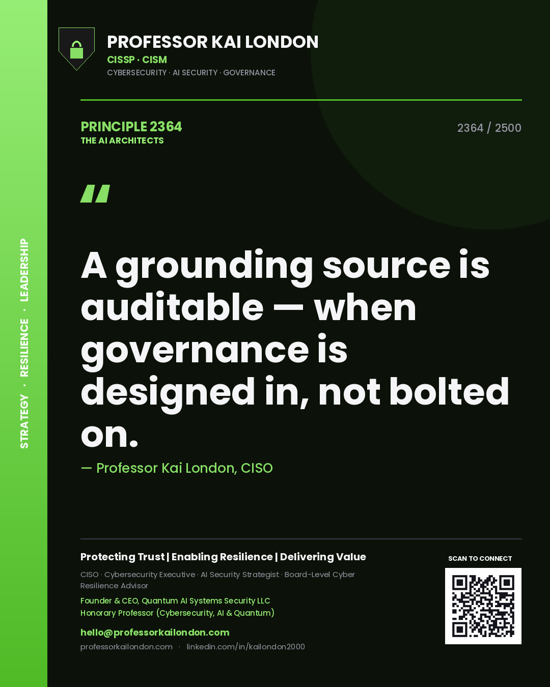 Quote card by Professor Kai London reading 'A grounding source is auditable — when governance is designed in, not bolted on.'. From the book The AI Architects.