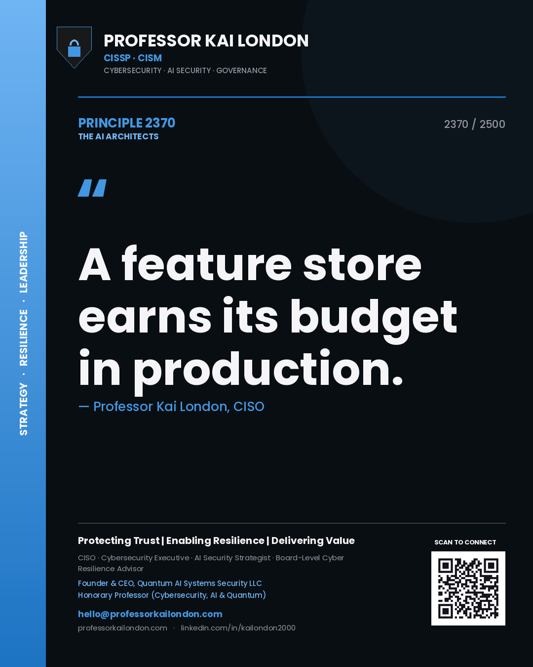 Quote card by Professor Kai London reading 'A feature store earns its budget in production.'. From the book The AI Architects.