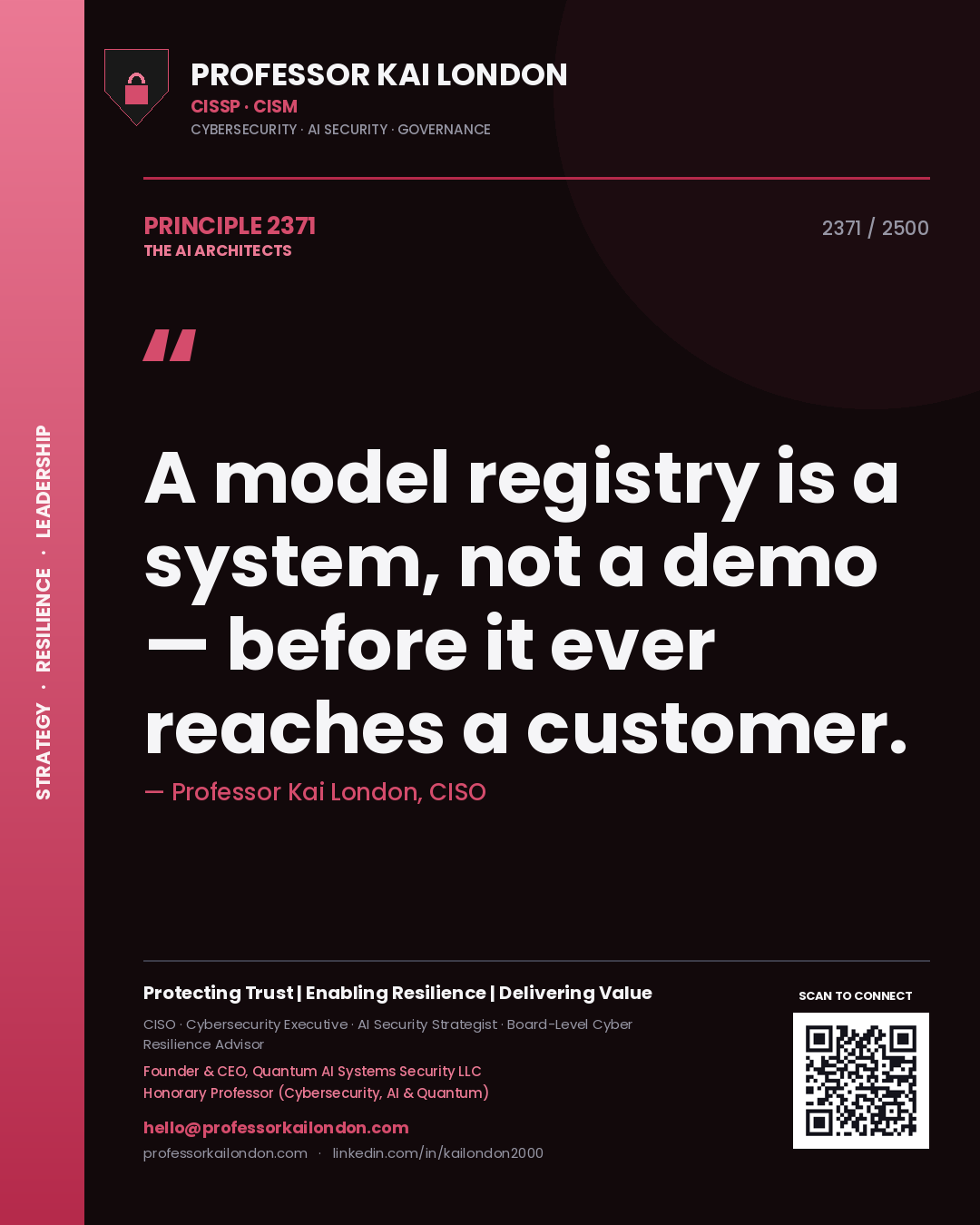 Quote card by Professor Kai London reading 'A model registry is a system, not a demo — before it ever reaches a customer.'. From the book The AI Architects.