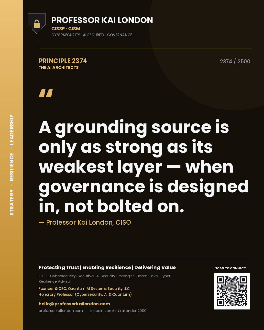Quote card by Professor Kai London reading 'A grounding source is only as strong as its weakest layer — when governance is designed in, not bolted on.'. From the book The AI Architects.