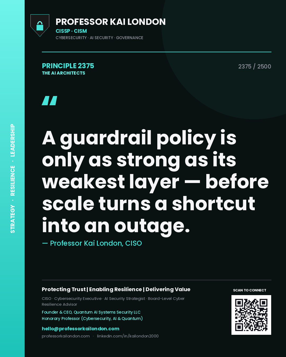 Quote card by Professor Kai London reading 'A guardrail policy is only as strong as its weakest layer — before scale turns a shortcut into an outage.'. From the book The AI Architects.