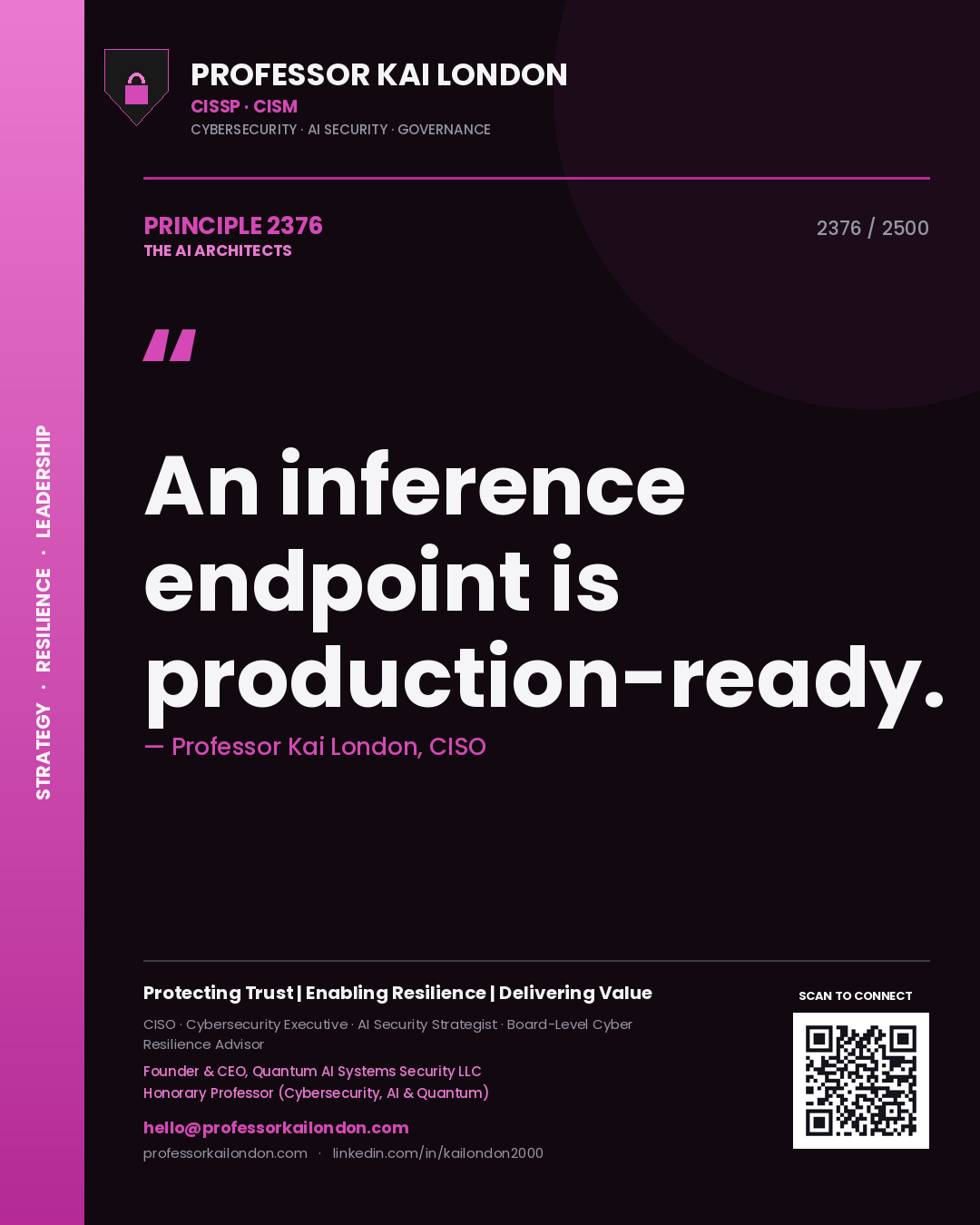 Quote card by Professor Kai London reading 'An inference endpoint is production-ready.'. From the book The AI Architects.