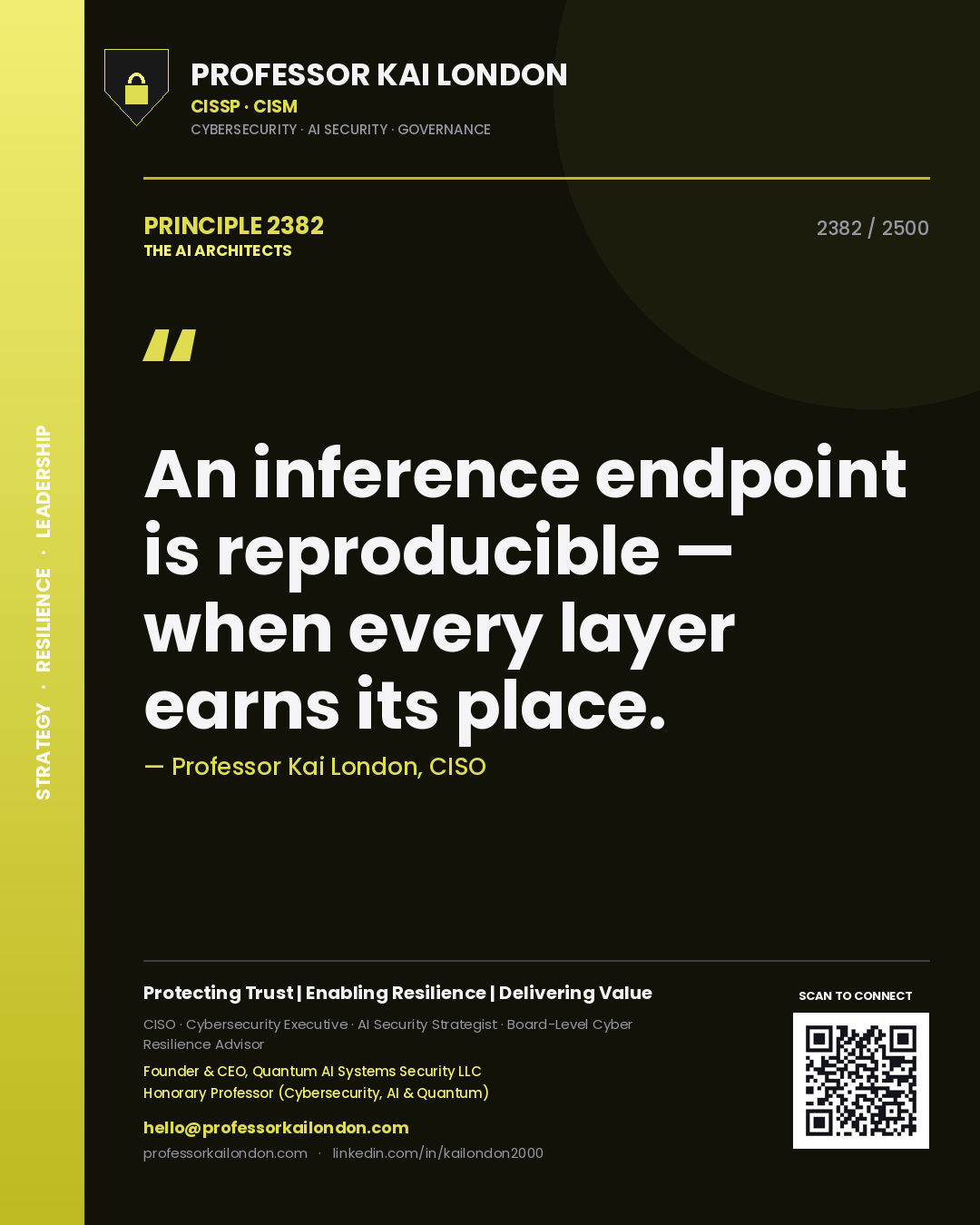 Quote card by Professor Kai London reading 'An inference endpoint is reproducible — when every layer earns its place.'. From the book The AI Architects.