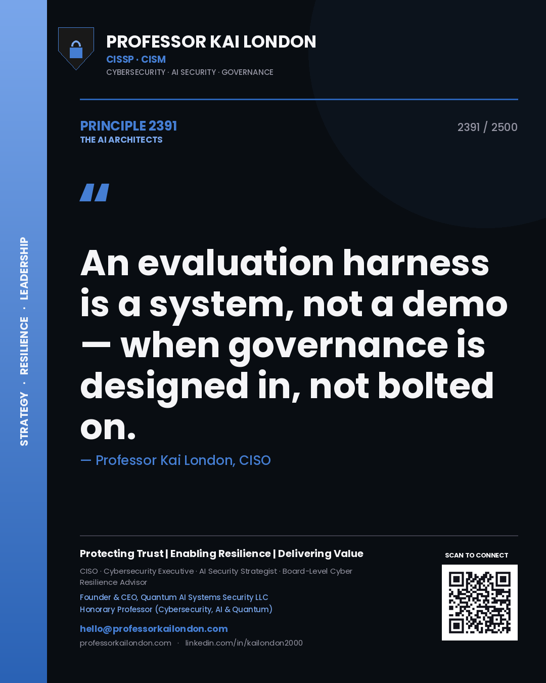 Quote card by Professor Kai London reading 'An evaluation harness is a system, not a demo — when governance is designed in, not bolted on.'. From the book The AI Architects.