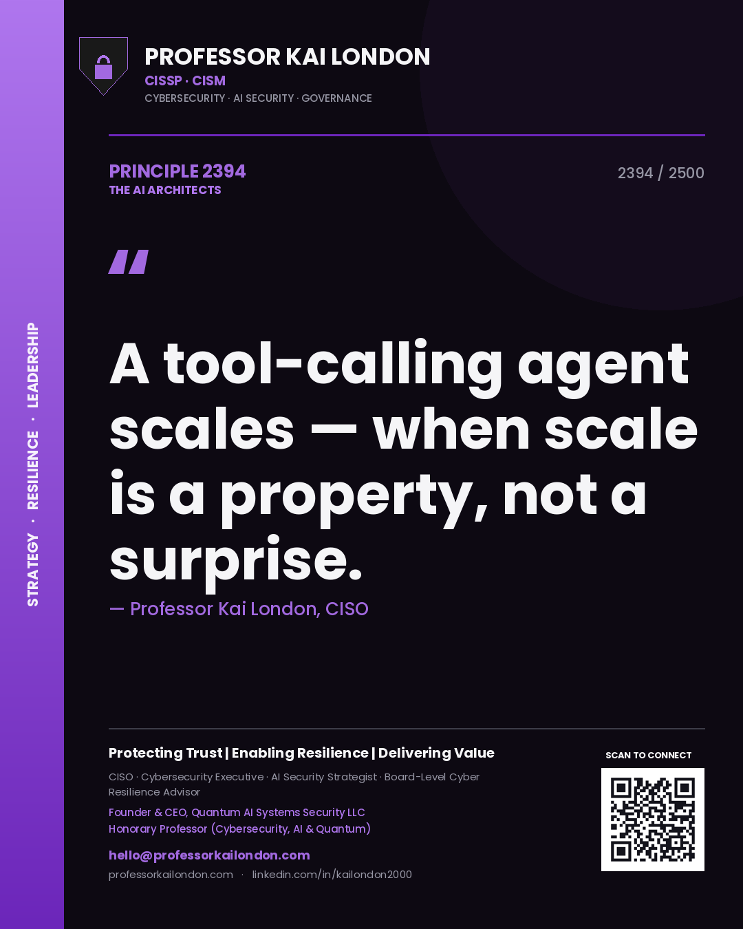 Quote card by Professor Kai London reading 'A tool-calling agent scales — when scale is a property, not a surprise.'. From the book The AI Architects.