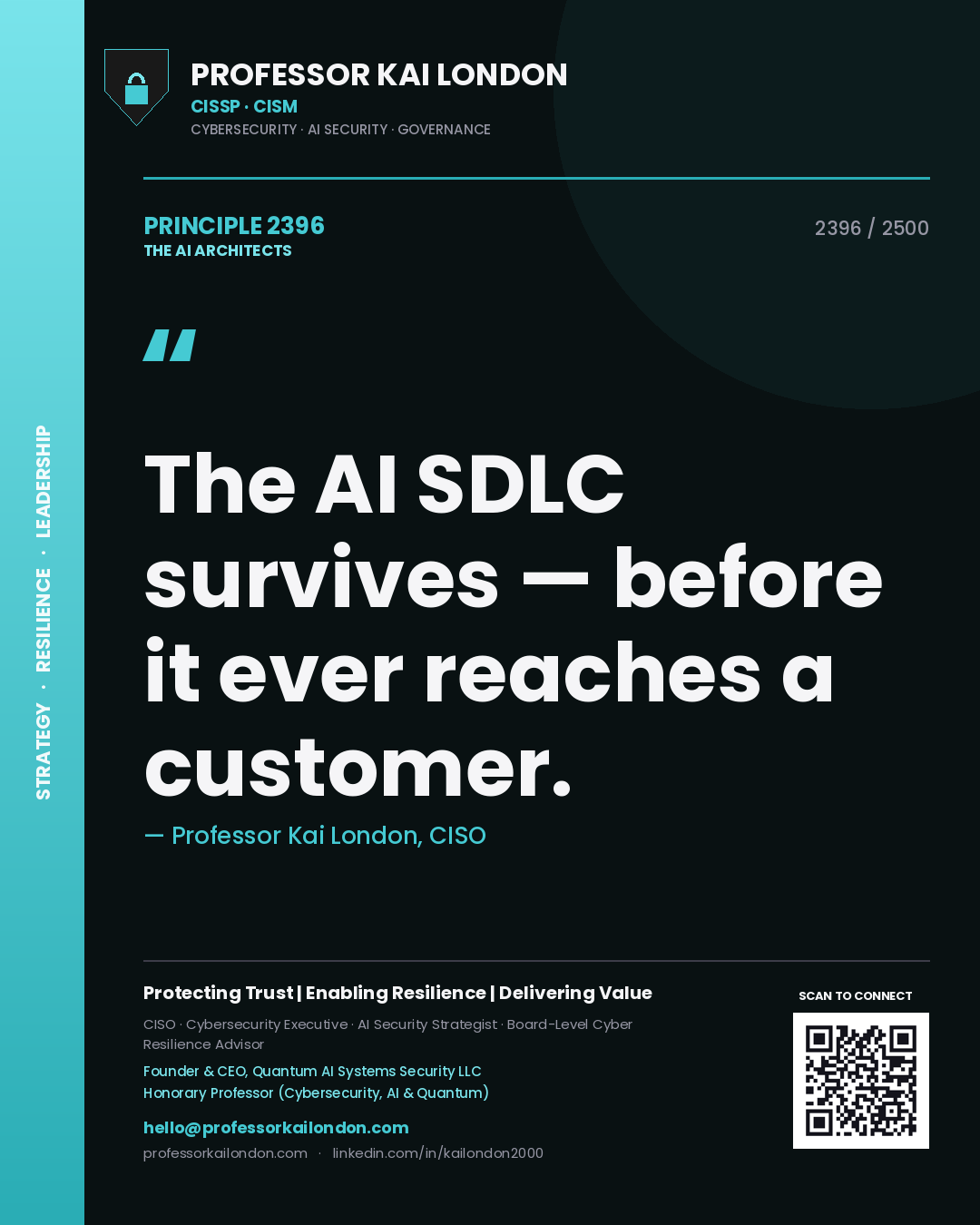 Quote card by Professor Kai London reading 'The AI SDLC survives — before it ever reaches a customer.'. From the book The AI Architects.