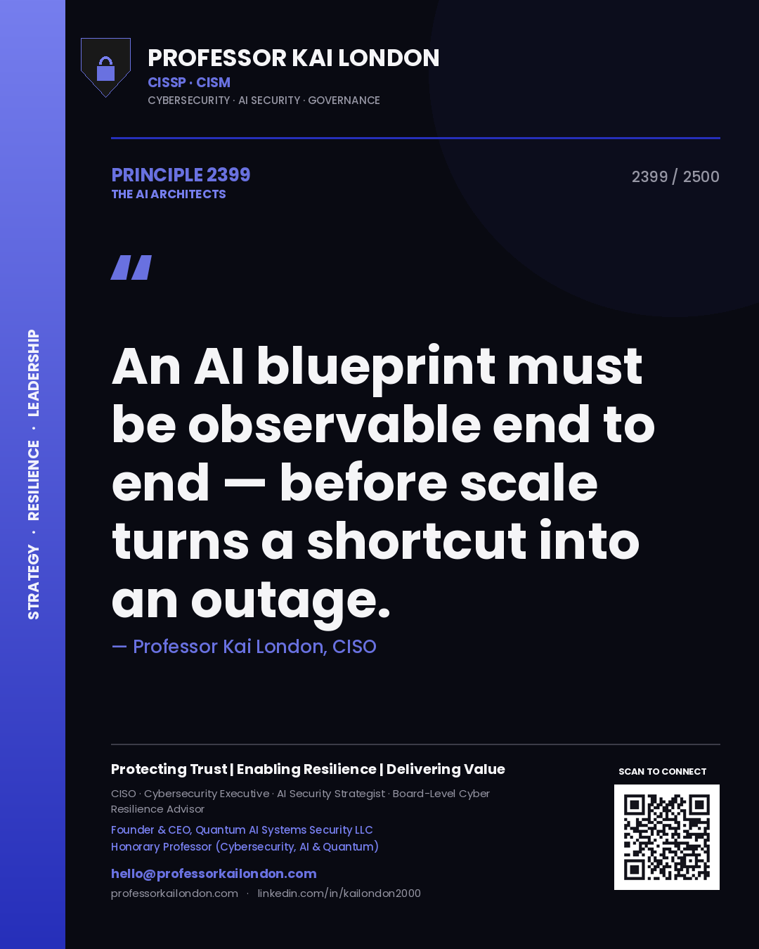 Quote card by Professor Kai London reading 'An AI blueprint must be observable end to end — before scale turns a shortcut into an outage.'. From the book The AI Architects.