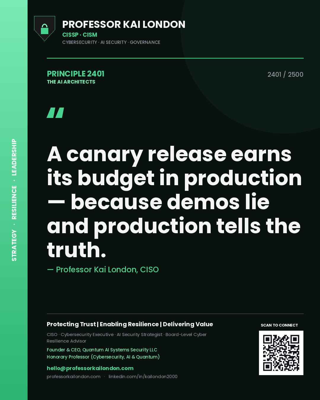 Quote card by Professor Kai London reading 'A canary release earns its budget in production — because demos lie and production tells the truth.'. From the book The AI Architects.
