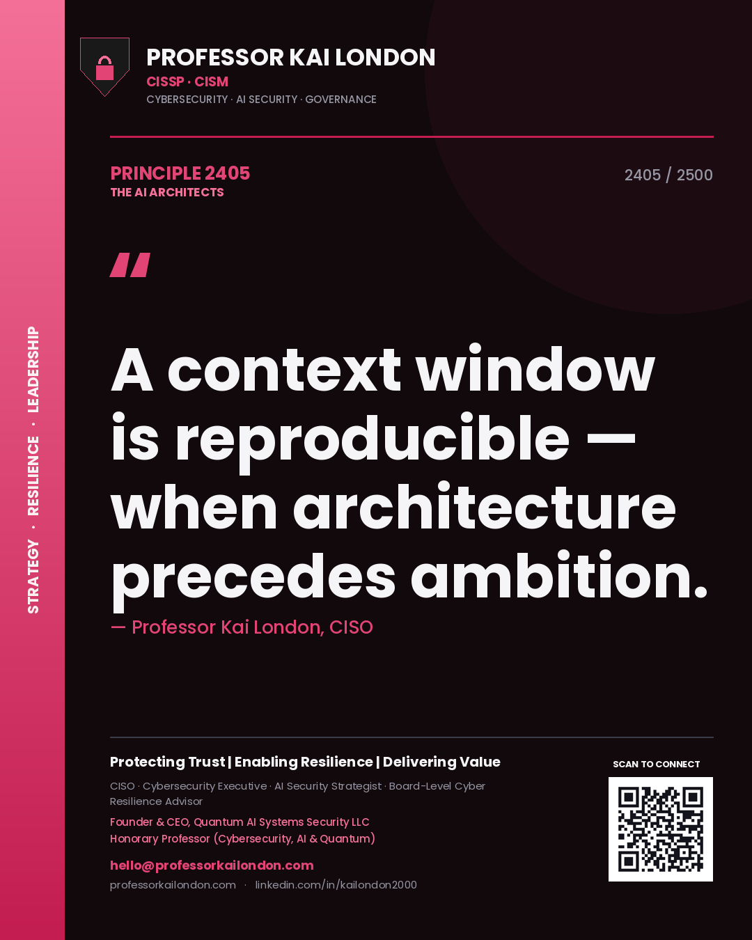 Quote card by Professor Kai London reading 'A context window is reproducible — when architecture precedes ambition.'. From the book The AI Architects.