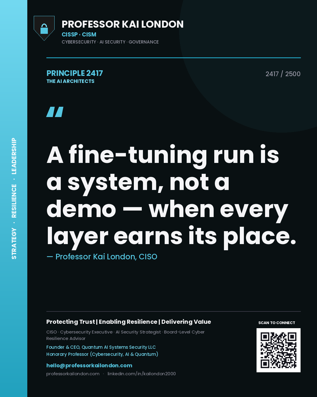 Quote card by Professor Kai London reading 'A fine-tuning run is a system, not a demo — when every layer earns its place.'. From the book The AI Architects.
