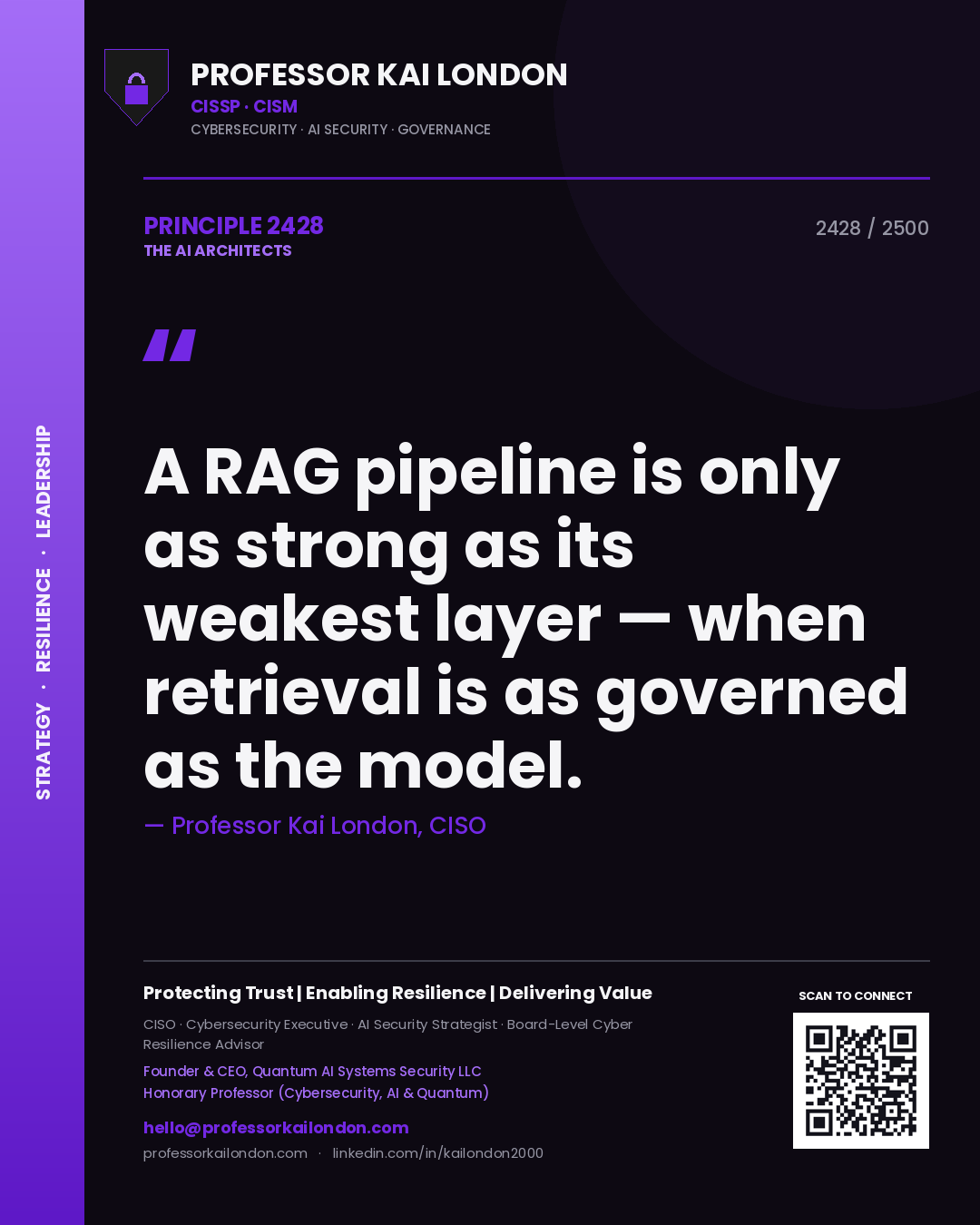 Quote card by Professor Kai London reading 'A RAG pipeline is only as strong as its weakest layer — when retrieval is as governed as the model.'. From the book The AI Architects.