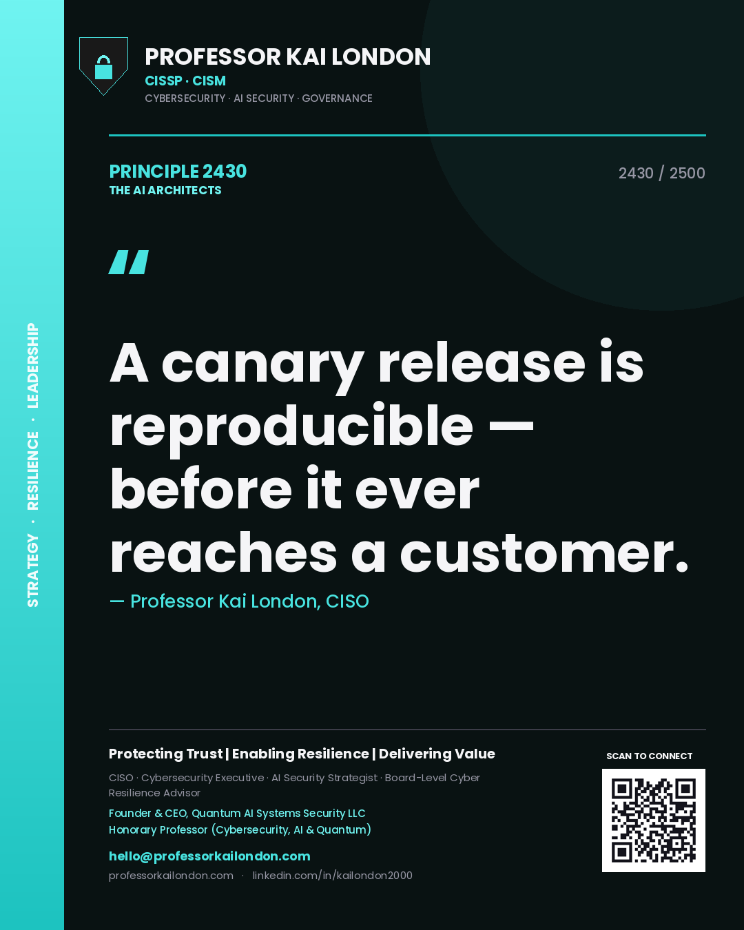 Professor Kai London principle 2430: A canary release is reproducible — before it ever reaches a customer.