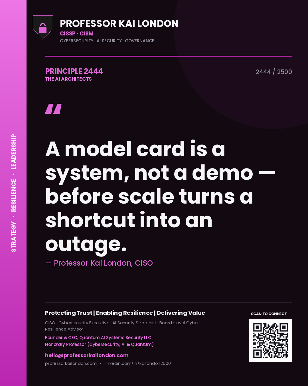 Quote card by Professor Kai London reading 'A model card is a system, not a demo — before scale turns a shortcut into an outage.'. From the book The AI Architects.