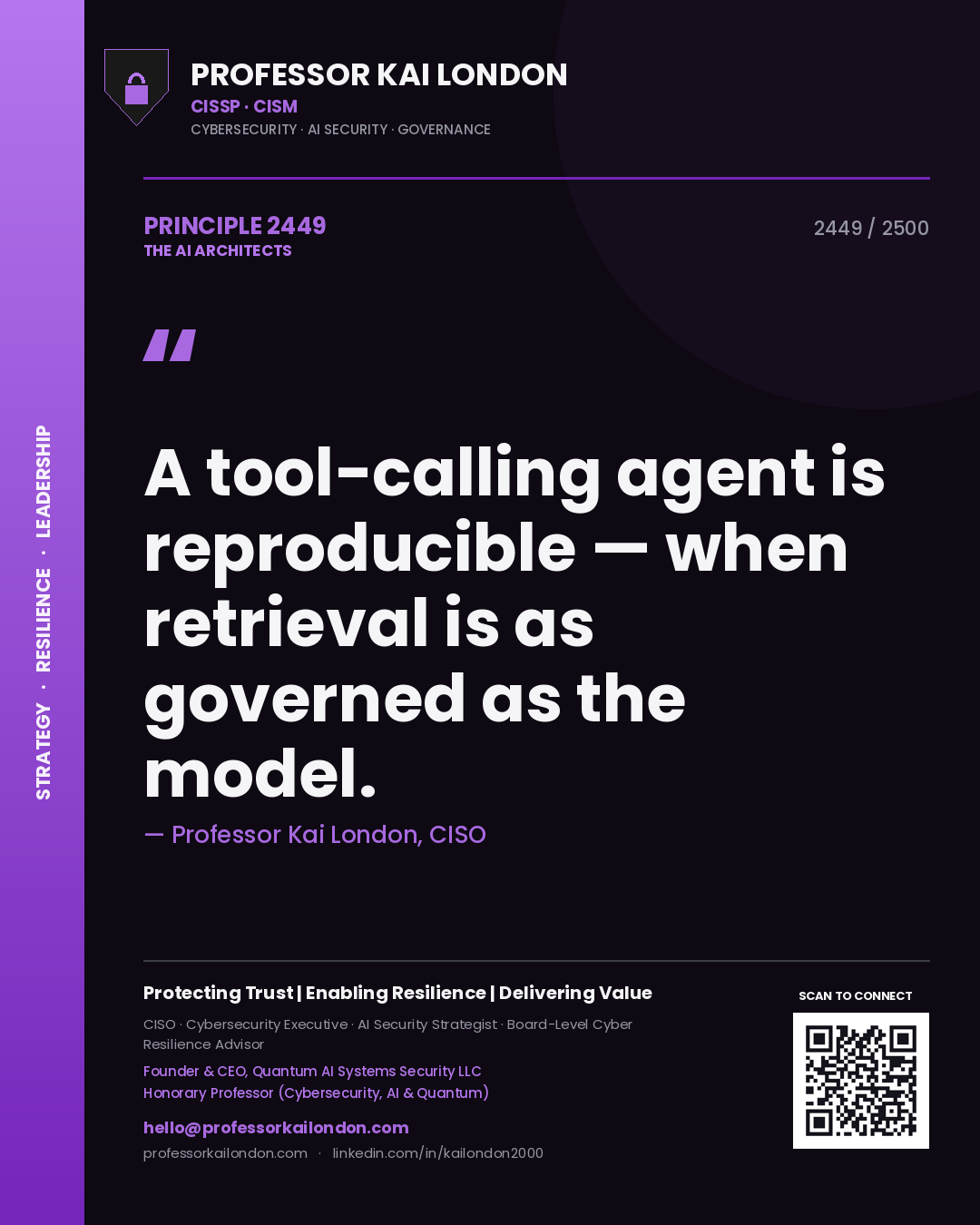 Professor Kai London principle 2449: A tool-calling agent is reproducible — when retrieval is as governed as the model.