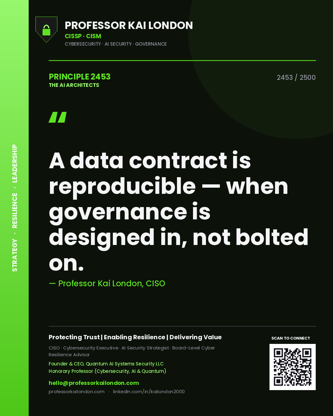 Quote card by Professor Kai London reading 'A data contract is reproducible — when governance is designed in, not bolted on.'. From the book The AI Architects.