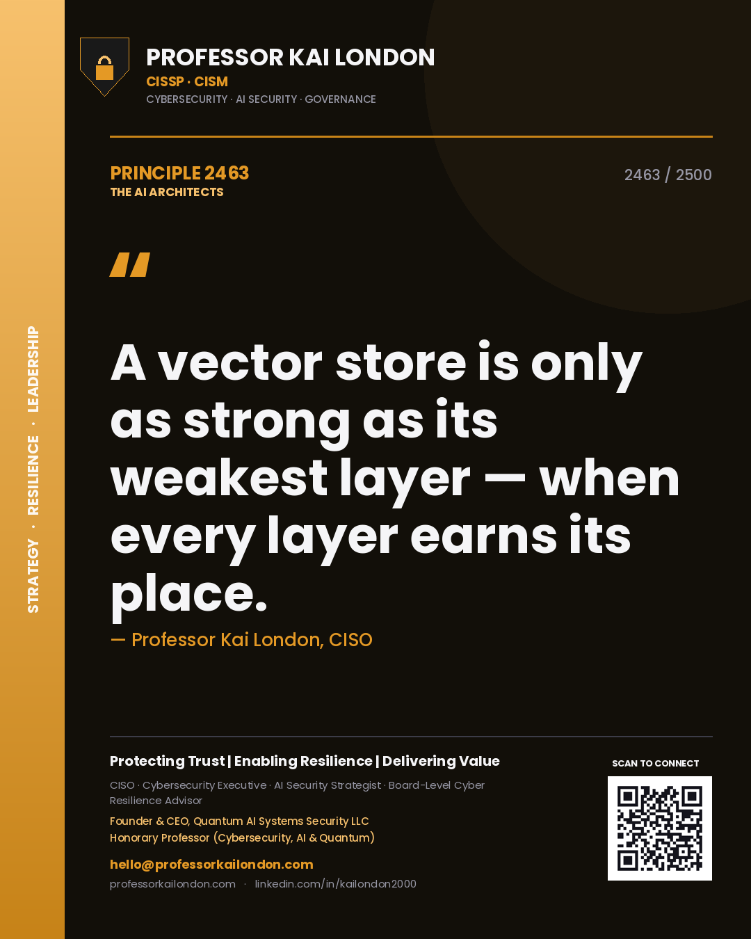 Quote card by Professor Kai London reading 'A vector store is only as strong as its weakest layer — when every layer earns its place.'. From the book The AI Architects.