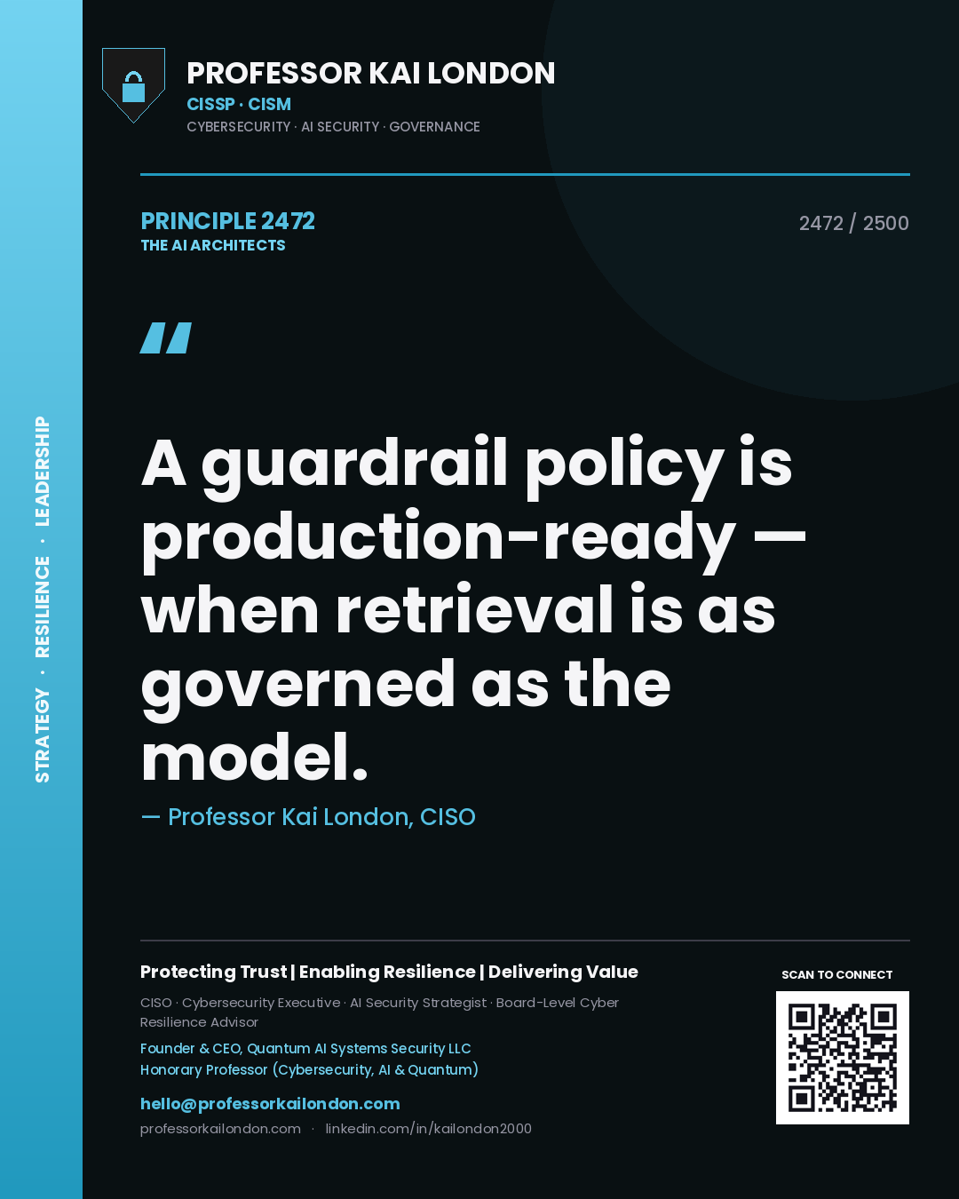 Quote card by Professor Kai London reading 'A guardrail policy is production-ready — when retrieval is as governed as the model.'. From the book The AI Architects.