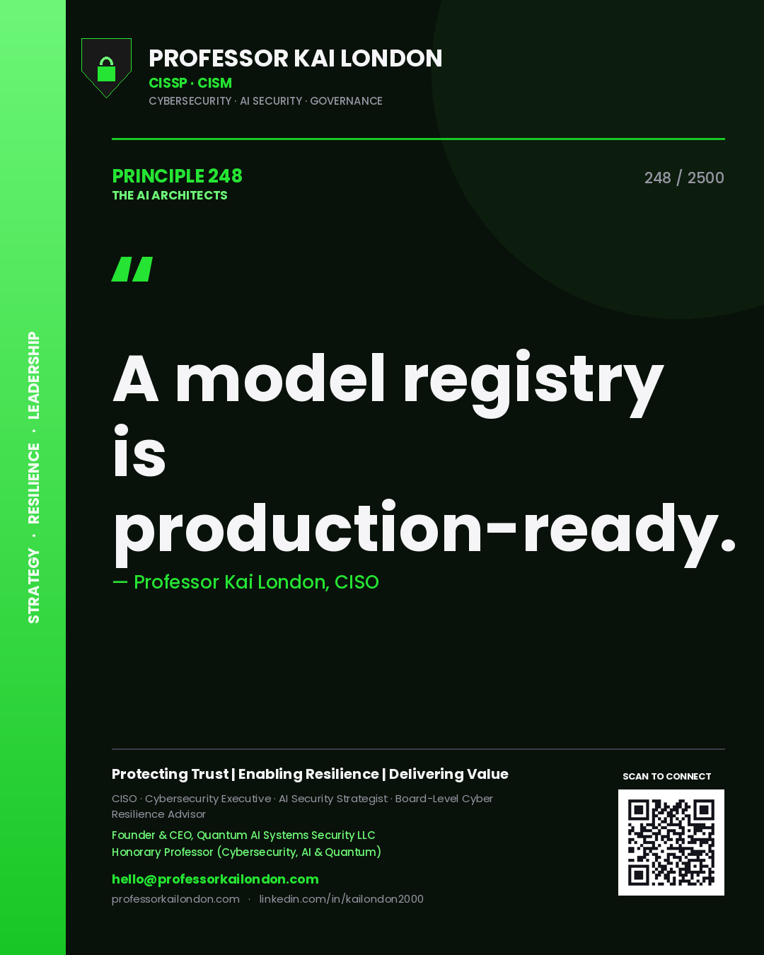 Quote card by Professor Kai London reading 'A model registry is production-ready.'. From the book The AI Architects.