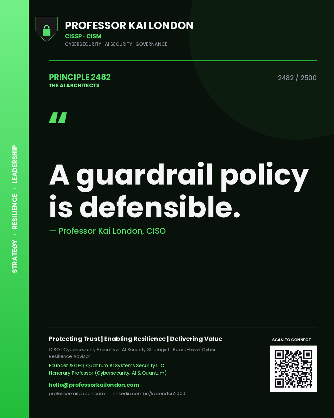Quote card by Professor Kai London reading 'A guardrail policy is defensible.'. From the book The AI Architects.
