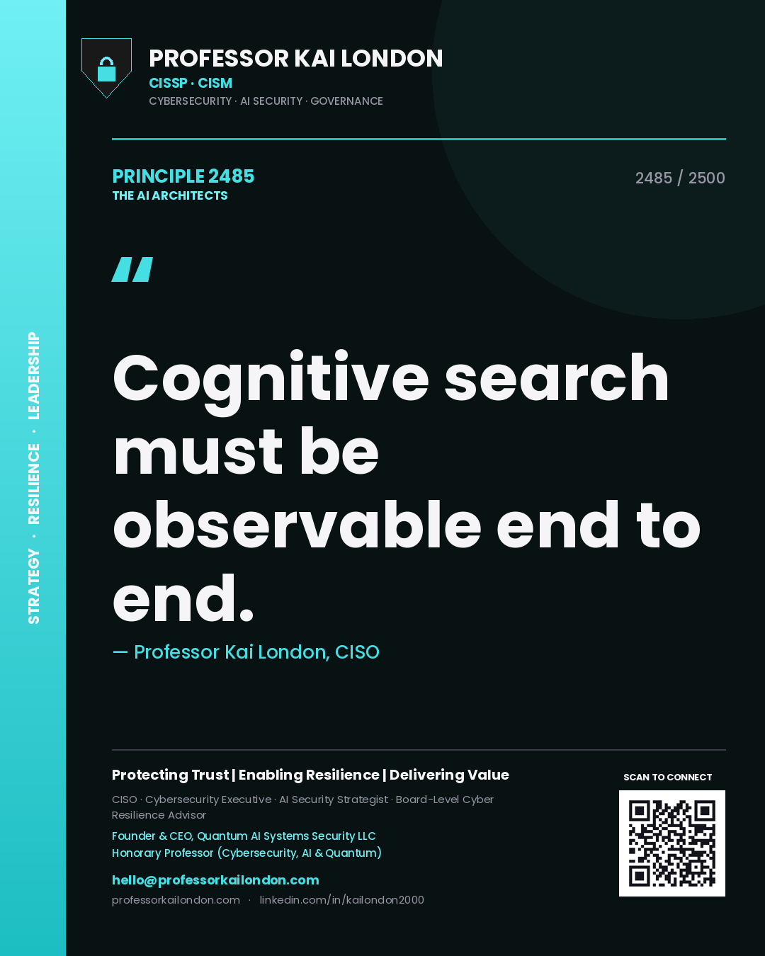 Quote card by Professor Kai London reading 'Cognitive search must be observable end to end.'. From the book The AI Architects.