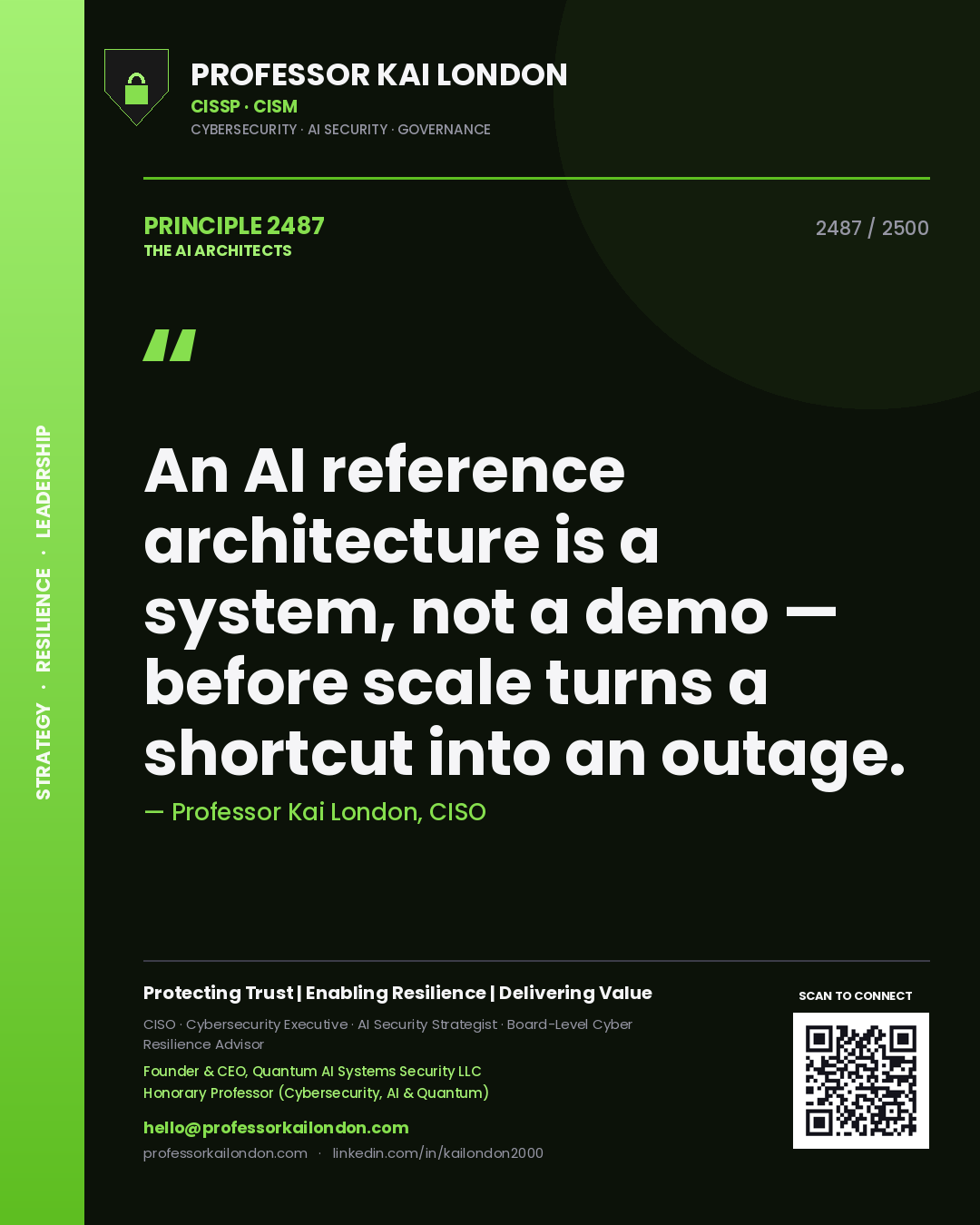 Quote card by Professor Kai London reading 'An AI reference architecture is a system, not a demo — before scale turns a shortcut into an outage.'. From the book The AI Architects.