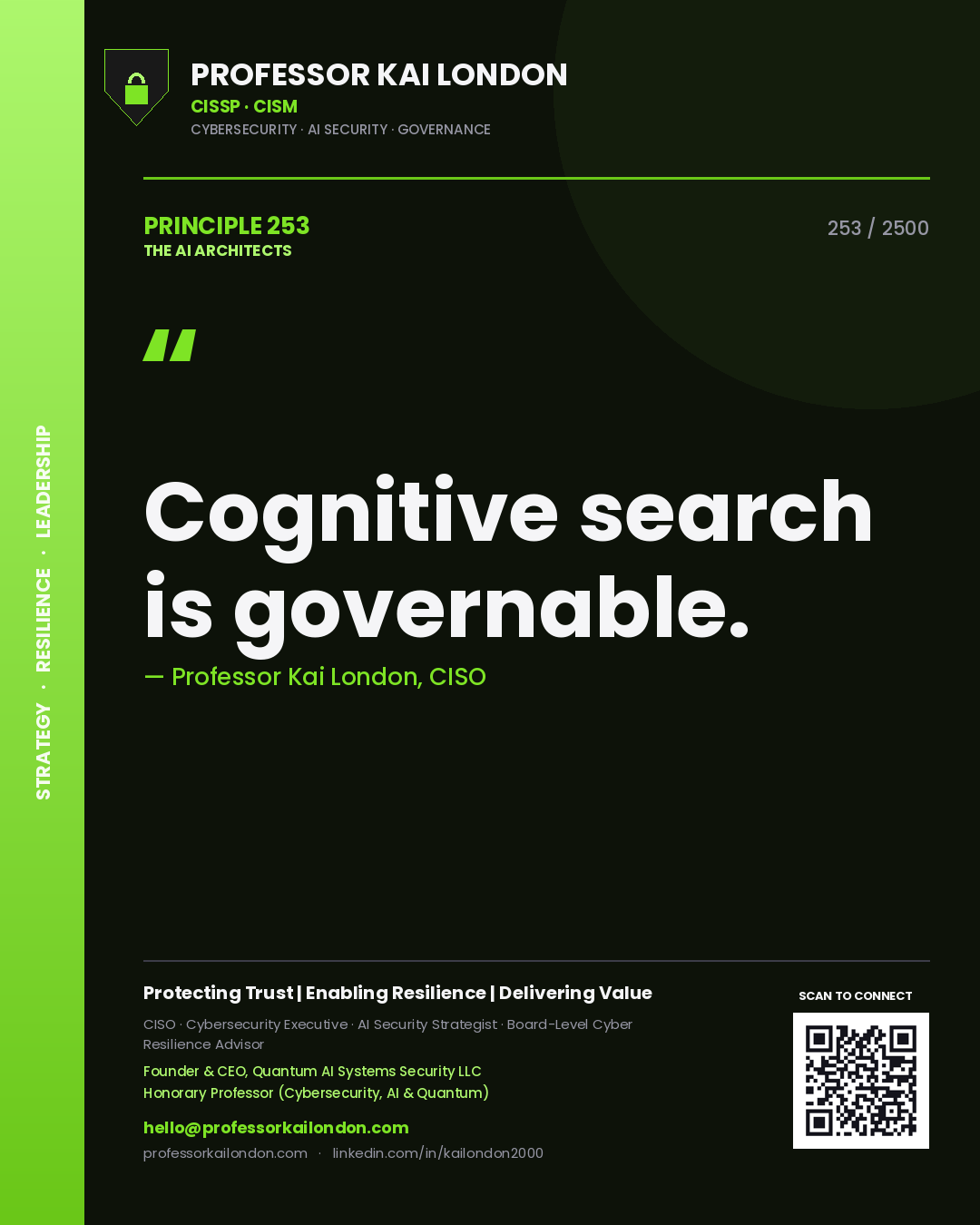 Quote card by Professor Kai London reading 'Cognitive search is governable.'. From the book The AI Architects.