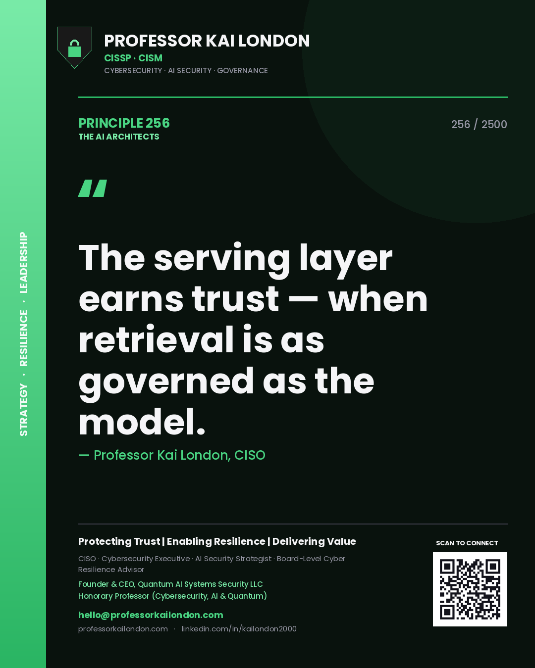 Quote card by Professor Kai London reading 'The serving layer earns trust — when retrieval is as governed as the model.'. From the book The AI Architects.