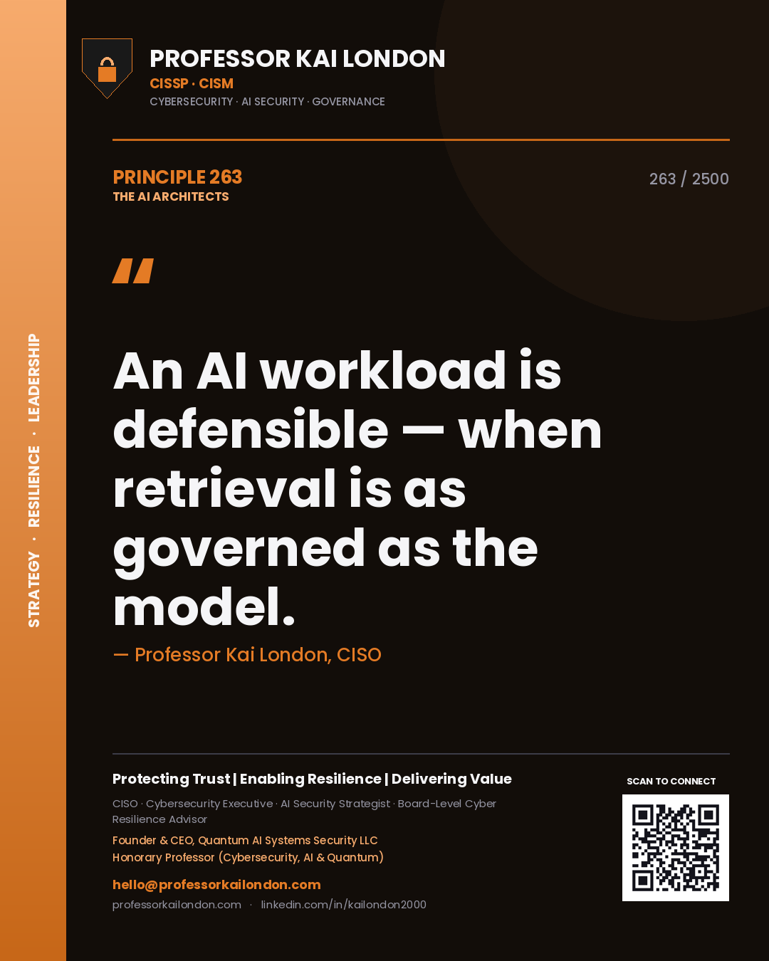Quote card by Professor Kai London reading 'An AI workload is defensible — when retrieval is as governed as the model.'. From the book The AI Architects.