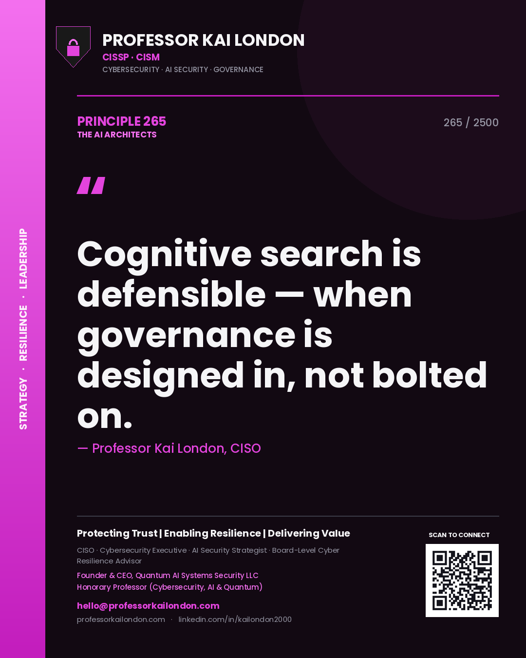 Quote card by Professor Kai London reading 'Cognitive search is defensible — when governance is designed in, not bolted on.'. From the book The AI Architects.