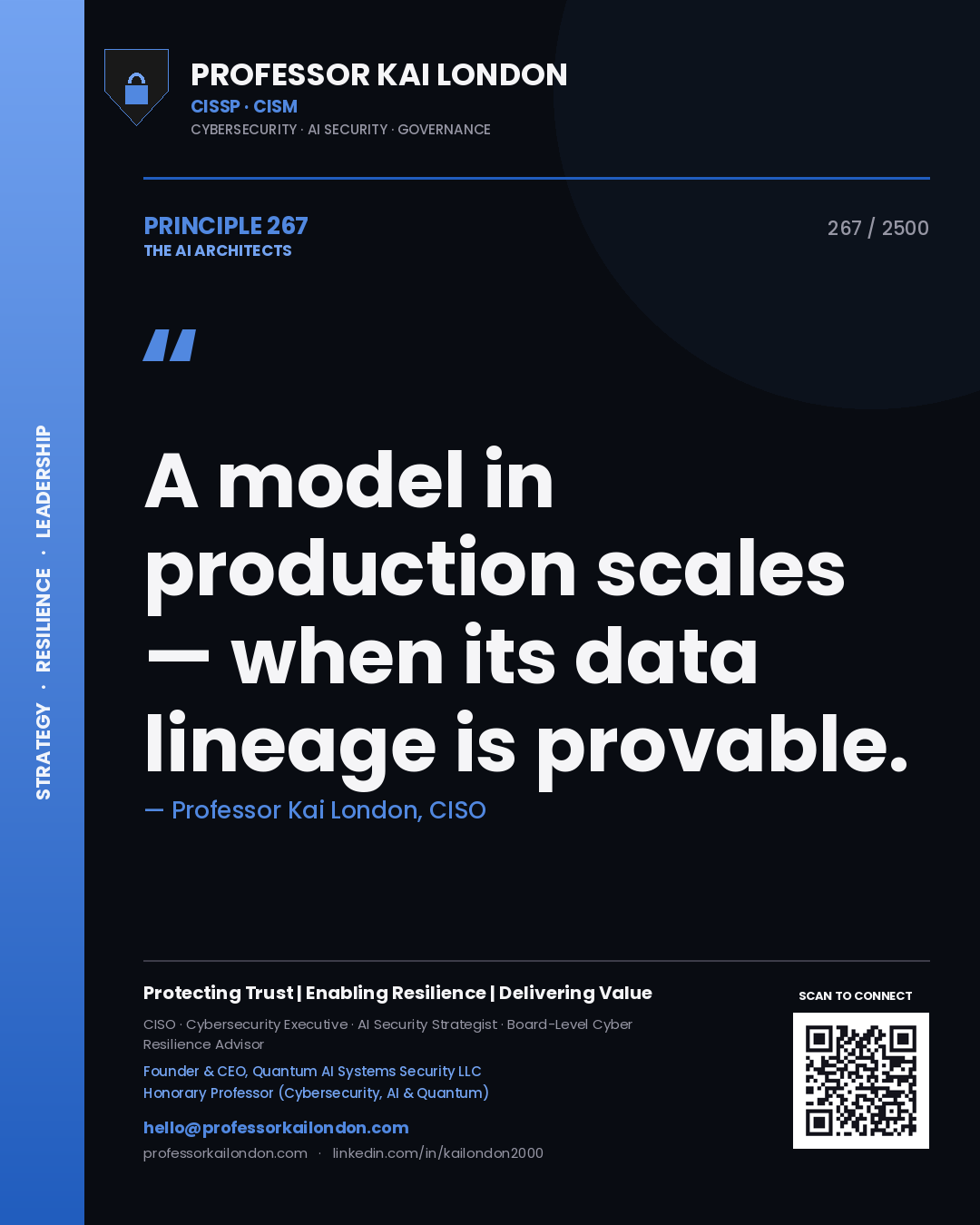 Quote card by Professor Kai London reading 'A model in production scales — when its data lineage is provable.'. From the book The AI Architects.